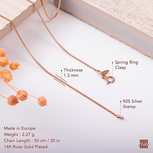 Amberta 14K Rose Gold Plated on 925 Sterling Silver 1.3 mm Curb Chain Necklace Length 20" inch / 50 cm (20) - Image 5