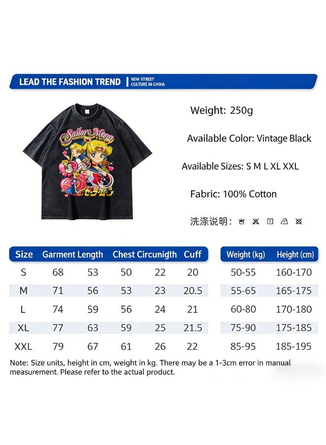 تي شيرت قصير الأكمام من Sailor Moon Style Anime Graphic Printed Black Washed Denim Look | تي شيرت جرونج ستريتوير فينتاج - Image 5