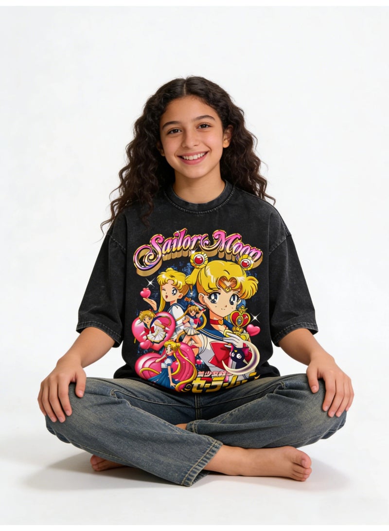 تي شيرت قصير الأكمام من Sailor Moon Style Anime Graphic Printed Black Washed Denim Look | تي شيرت جرونج ستريتوير فينتاج - Image 4