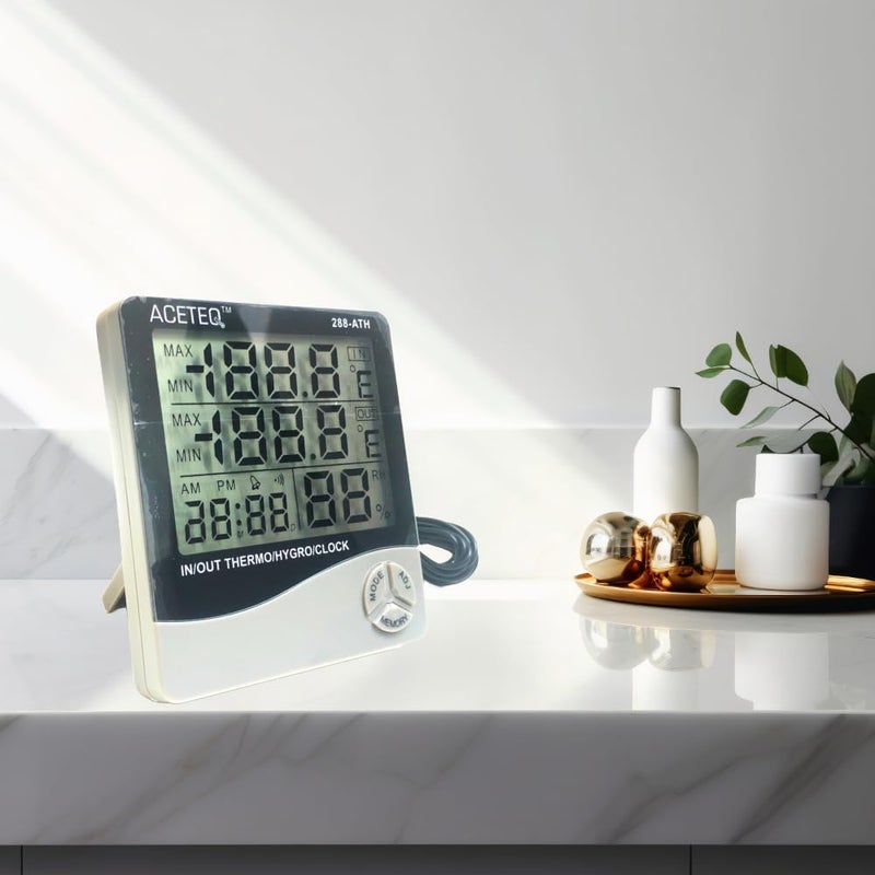 LABART 288-ATH مقياس رطوبة وحرارة رقمي بلاستيكي داخلي وخارجي مع ساعة - Image 3
