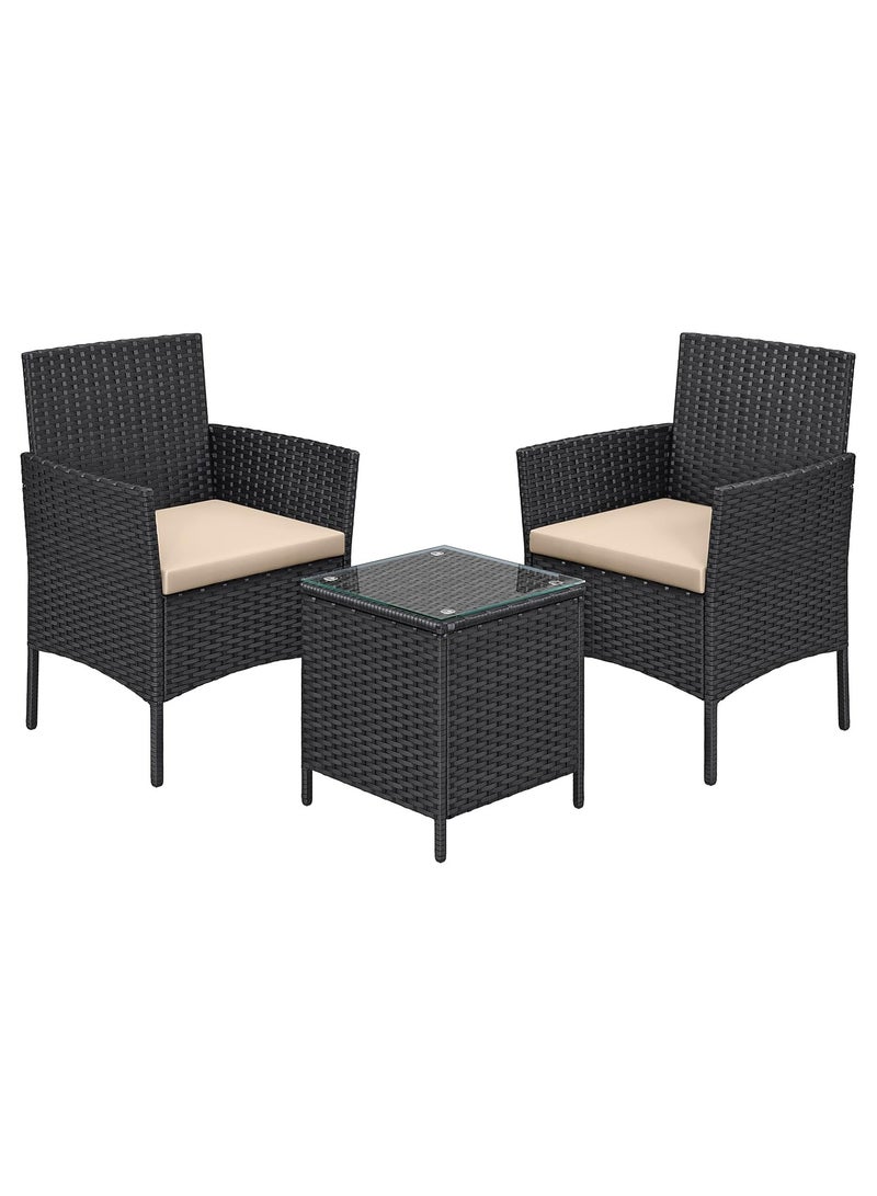 SONGMICS Modern Outdoor LT PF004 Rattan Patio Furniture Set, 2 Chair with Cushions and 1 Glass Table, Ideal for Garden, Balcony, and Office Lounge - Black - Image 1