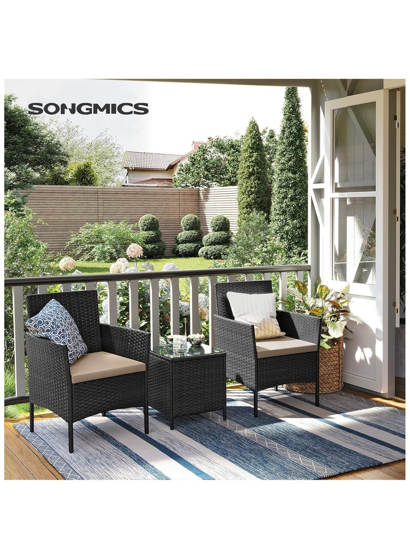 SONGMICS Modern Outdoor LT PF004 Rattan Patio Furniture Set, 2 Chair with Cushions and 1 Glass Table, Ideal for Garden, Balcony, and Office Lounge - Black - Image 2