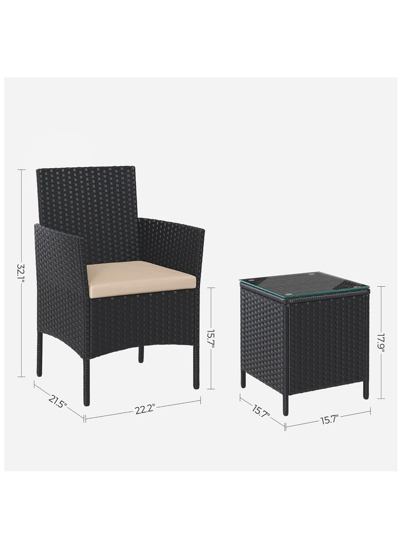 SONGMICS Modern Outdoor LT PF004 Rattan Patio Furniture Set, 2 Chair with Cushions and 1 Glass Table, Ideal for Garden, Balcony, and Office Lounge - Black - Image 3