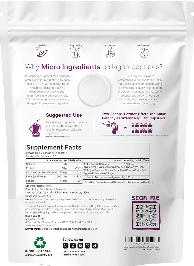 Micro Ingredients - Micro Ingredients, Multi Collagen Peptides, Type I, II, III, V, X, Unflavored, 2 lb - Image 1
