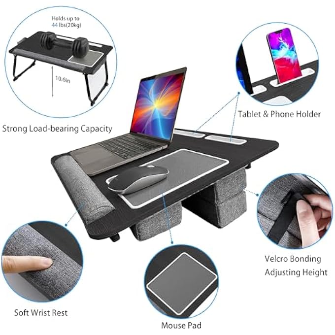 rayihni LAP DESK - FITS UP TO 17 INCHES LAPTOP DESK, FOLDABLE LARGE LAP DESK WITH CUSHION, PORTABLE COMPUTER TRAY TABLE FOR BED AND SOFA, LAPTOP STAND WITH MOUSE PAD, WRIST REST,TABLET & PHONE HOLDER - Image 2