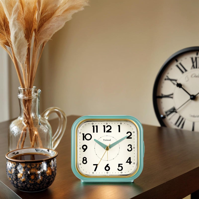Tinload 4.3" Retro Analog Alarm Clock â€¢ Silent Non Ticking â€¢ Gentle Wake â€¢ Beep Sounds â€¢ Increasing Volume â€¢ Battery Operated Snooze and Lighted on Demand â€¢ Retro Green - Image 2