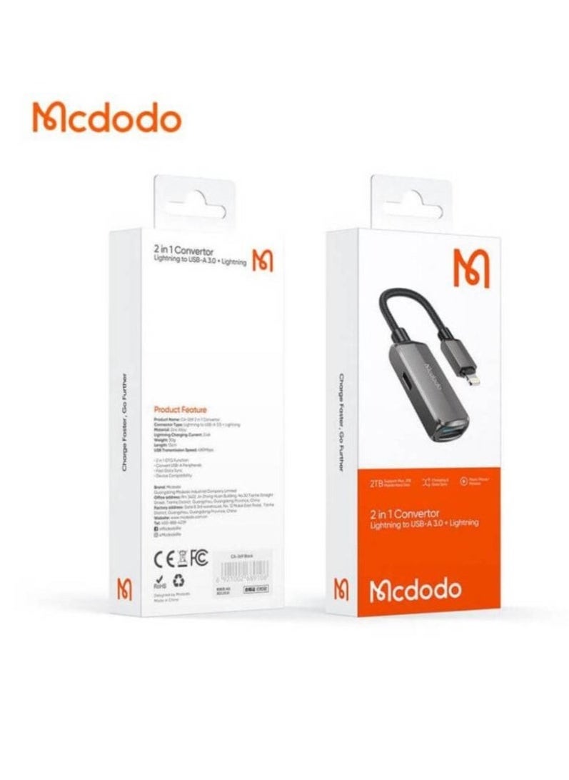Mcdodo - CA-2690 OTG 2in1 Convertor Lightning to USB 3.0 Adapter for iPhone iPad Data Transfer Fast Charging Plug and Play USB OTG Cable Connector for Photos Videos Files Portable Compact iOS USB 3.0 Adapter for iOS Devices MacBook Pro - Image 1