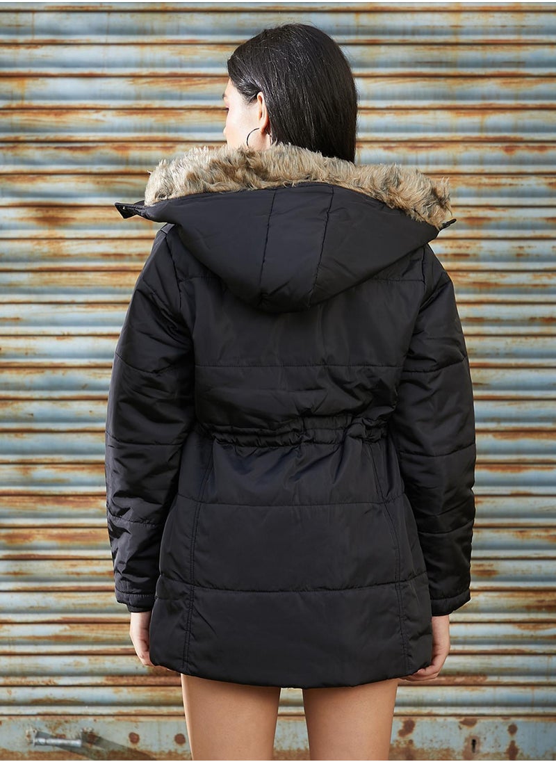 Campus Sutra Women's Black Puffer Jacket With Detachable Fur Hood  - Image 5