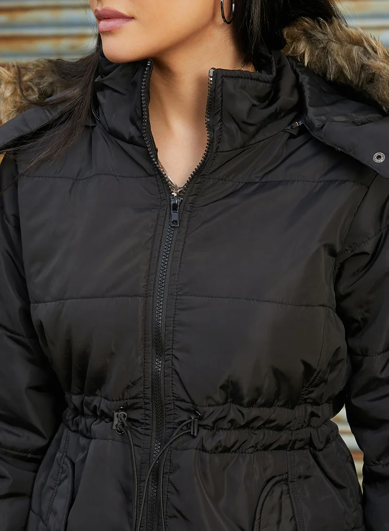 Campus Sutra Women's Black Puffer Jacket With Detachable Fur Hood