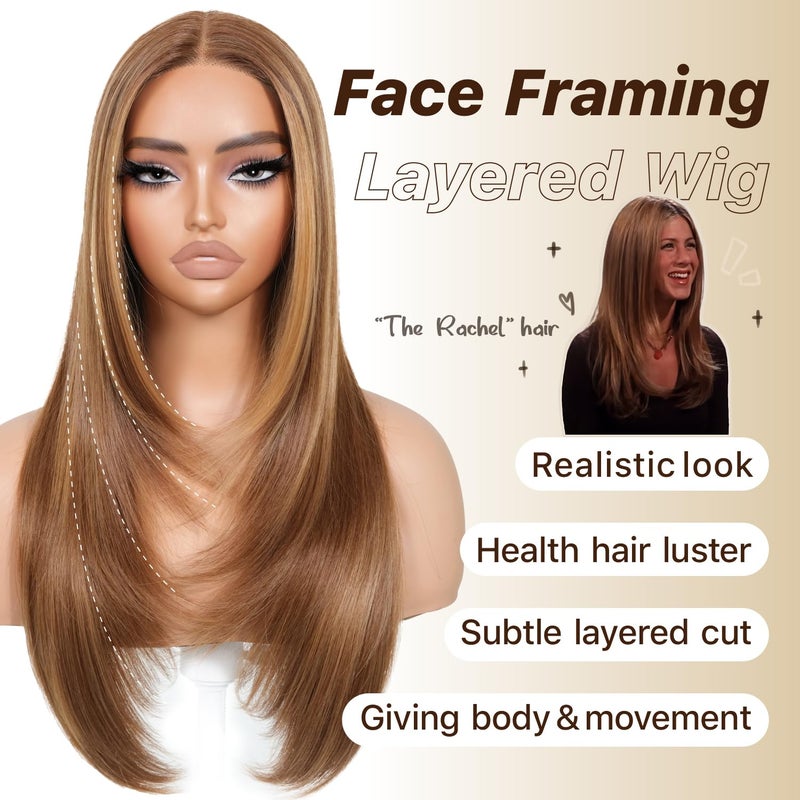 BrownBomb Wear and Go Glueless Wigs Pre Plucked Pre Cut for Beginners Honey Blonde Synthetic Lace Front Wigs For Woman Long layered straight Wigs with bangs 427 middle part wig 26 Inch - Image 2