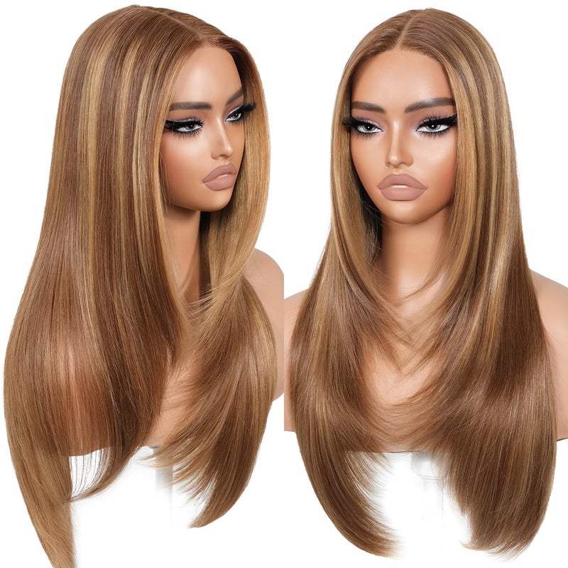 BrownBomb Wear and Go Glueless Wigs Pre Plucked Pre Cut for Beginners Honey Blonde Synthetic Lace Front Wigs For Woman Long layered straight Wigs with bangs 427 middle part wig 26 Inch - Image 1