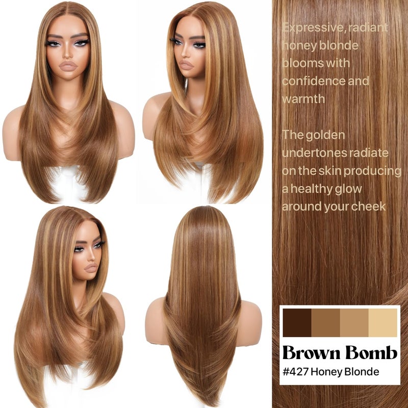 BrownBomb Wear and Go Glueless Wigs Pre Plucked Pre Cut for Beginners Honey Blonde Synthetic Lace Front Wigs For Woman Long layered straight Wigs with bangs 427 middle part wig 26 Inch - Image 3