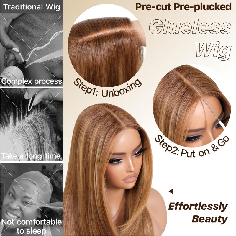 BrownBomb Wear and Go Glueless Wigs Pre Plucked Pre Cut for Beginners Honey Blonde Synthetic Lace Front Wigs For Woman Long layered straight Wigs with bangs 427 middle part wig 26 Inch - Image 5