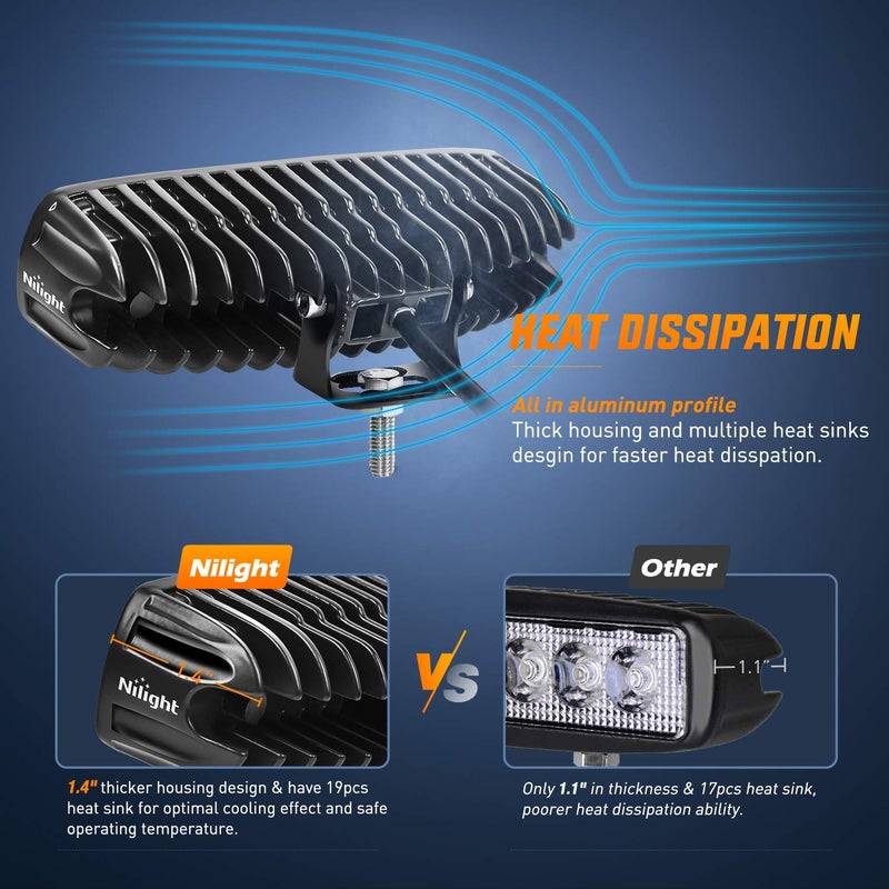 Nilight LED Light Bar 2PCS 18W 6Inch Flood LED Pods Offroad Fog Light Waterproof for Boat SUV ATV 4WD Car Truck Golf Cart 12V 24V,2 Years Warranty - Image 4