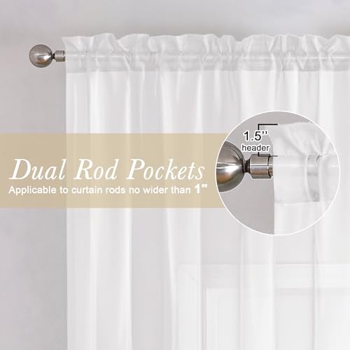 Lecloud White Sheer Curtains 63 Inch Length 2 Panels, Elegant Voile Drapes for Dinning Small Windows, Light Filtering Gauzy Curtain for Living Room Bedroom Bathroom, Dual Rod Pocket, 40" W x 63" L - Image 2