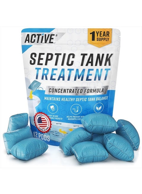 Septic Tank System Treatment Pods - 12 Dissolving Packets | Enzyme-Producing Live Bacteria Solution | 1 Year Supply Professional Eco-Friendly Maintenance | Prevent Clogs, Odor & Backups | Made in USA