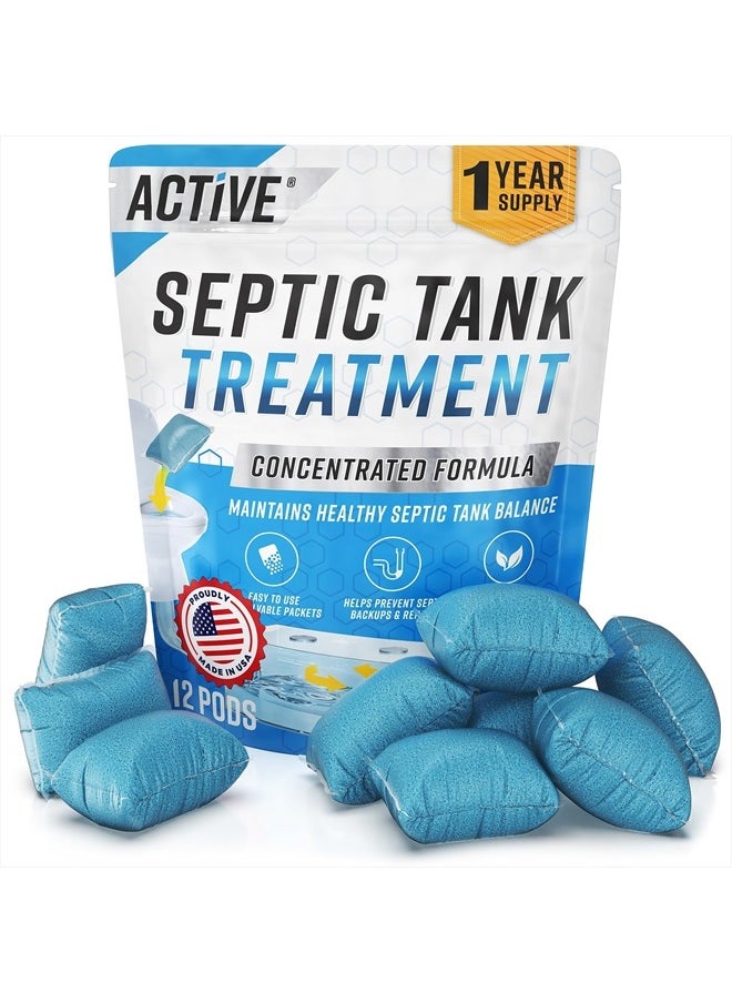 Active - Septic Tank System Treatment Pods - 12 Dissolving Packets | Enzyme-Producing Live Bacteria Solution | 1 Year Supply Professional Eco-Friendly Maintenance | Prevent Clogs, Odor & Backups | Made in USA - Image 1