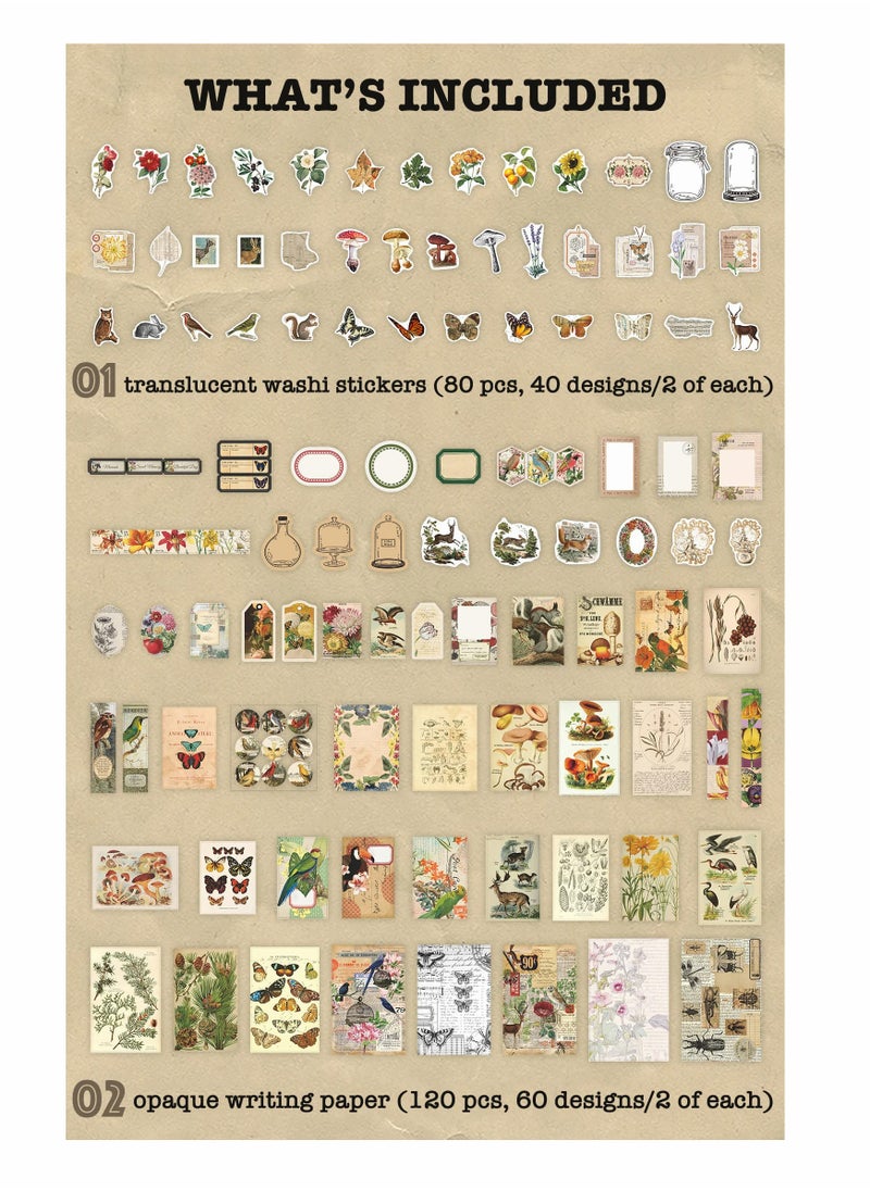 Excefore - Vintage Ephemera Pack Decoupage Paper Junk Journal Kit Scrapbook Planner Sticker Supplies for Art Journaling Bullet Journals Collage Craft Notebooks Album Crafter Gifts (Forest) 200 Pieces - Image 1