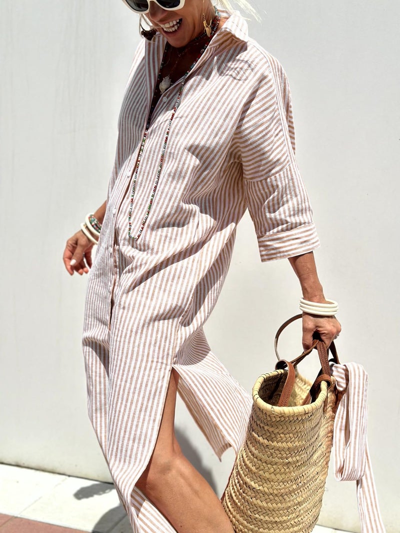 utcoco Womens 2026 Shirt Dress Casual Lapel 3/4 Sleeve Button Down Split Belted Vacation Maxi Dress (X-Large, Khaki Striped) - Image 4