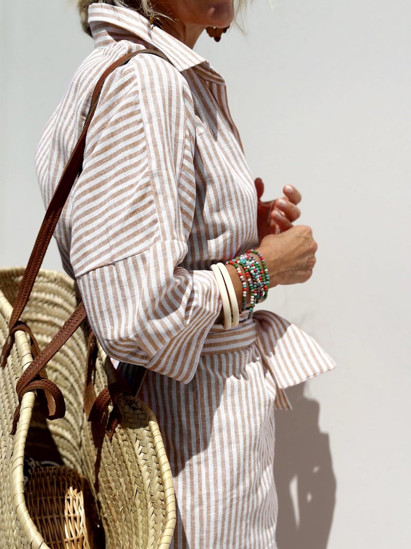 utcoco Womens 2026 Shirt Dress Casual Lapel 3/4 Sleeve Button Down Split Belted Vacation Maxi Dress (X-Large, Khaki Striped) - Image 3