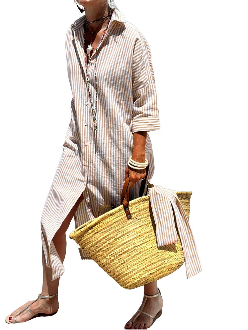 utcoco Womens 2026 Shirt Dress Casual Lapel 3/4 Sleeve Button Down Split Belted Vacation Maxi Dress (X-Large, Khaki Striped) - Image 1