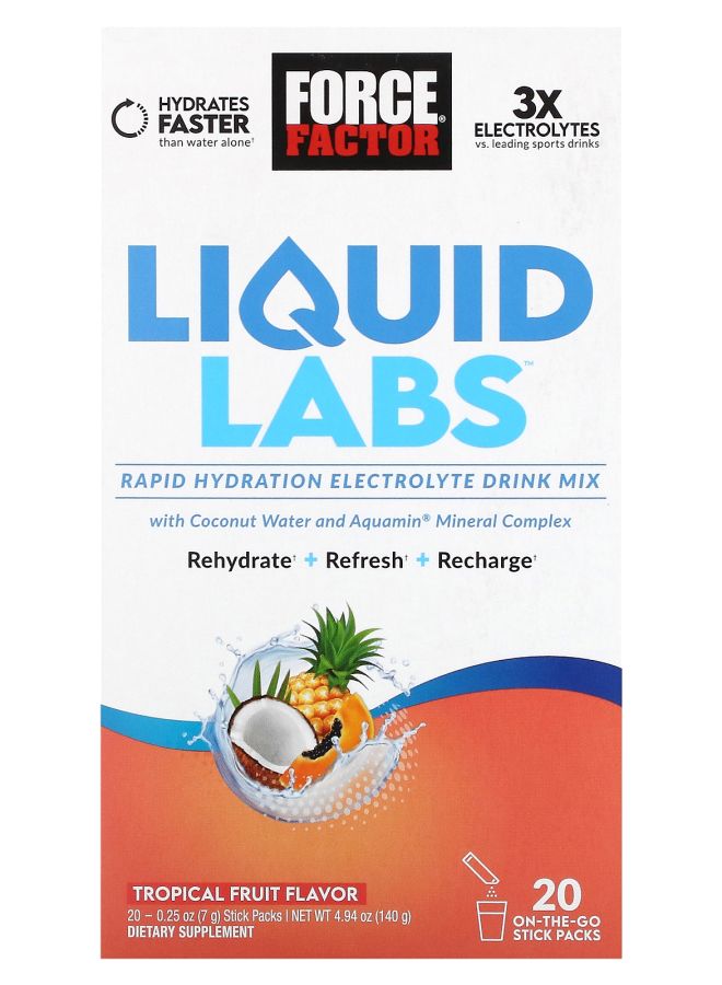 Force Factor Liquid Labs™ Rapid Hydration Electrolyte Drink Mix Tropical Fruit 20 Stick Packs 0.25 oz (7 g) Each