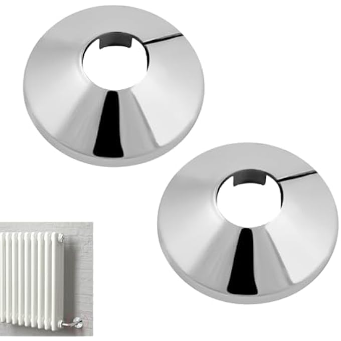 2 PCS CHROME RADIATOR PIPE COVERS 15MM, RADIATOR PIPE COLLARS COVER, SNAP ON DECORATIVE PIPE SLEEVE RINGS FOR FLOOR ENTRY, RAD VALVE CAPS AND PIPE TRIMS FOR HEATING SYSTEM AND CENTRAL HEATING PIPES - Image 1