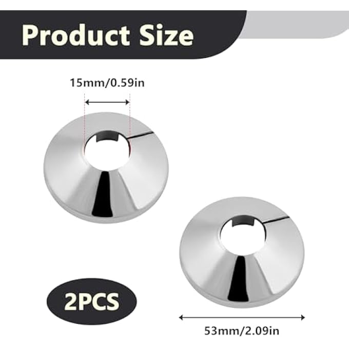 2 PCS CHROME RADIATOR PIPE COVERS 15MM, RADIATOR PIPE COLLARS COVER, SNAP ON DECORATIVE PIPE SLEEVE RINGS FOR FLOOR ENTRY, RAD VALVE CAPS AND PIPE TRIMS FOR HEATING SYSTEM AND CENTRAL HEATING PIPES - Image 3