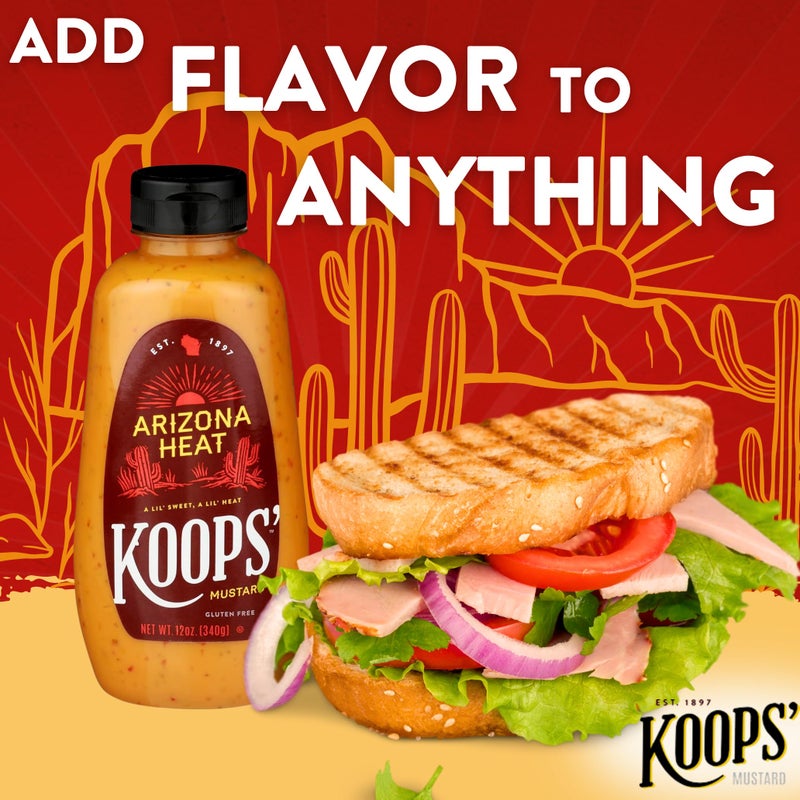 Koops' Arizona Heat Mustard - Sweet and Spicy Mustard, Gluten-Free, Kosher, Made in USA, From Quality Mustard Seeds, Hot Mustard Sauce - 12 Oz, Pack of 1 - Image 2