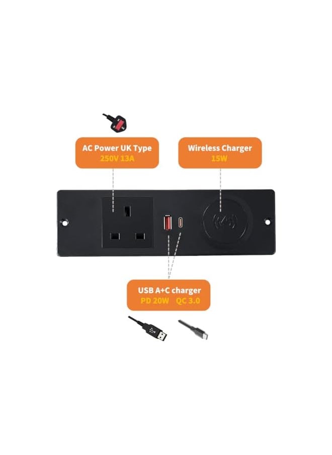 PROMASS promass Furniture Recessed Power Strip flush mount extension lead with USB C and Wireless Charging,1 UK Plug, 1.8M Power Extension Cord for Home Office Conference and hotel Desktop, Black  - Image 4