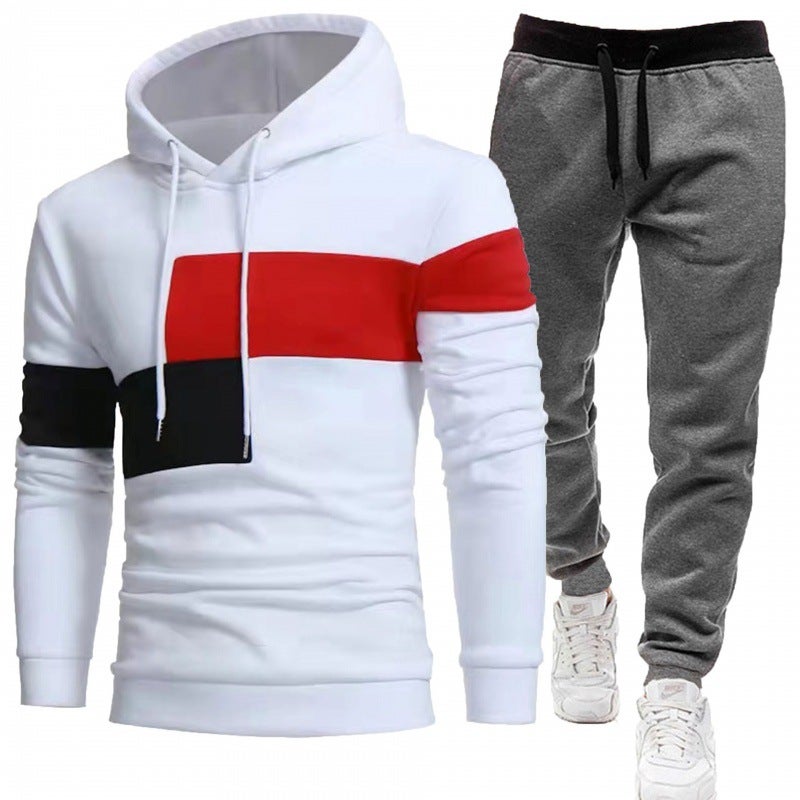 2024 Mens fleece-lined Stitching Hoodie Sweater suit Three Stitching Casual Sports Sweater Two-Piece Set White gray pants
