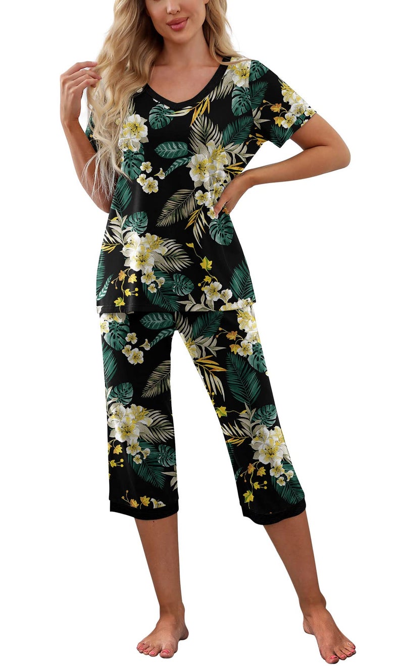PrinStory Women's Pajama Set Short Sleeve Shirt and Capri Pants Sleepwear Pjs Sets with Pockets Large - Image 2