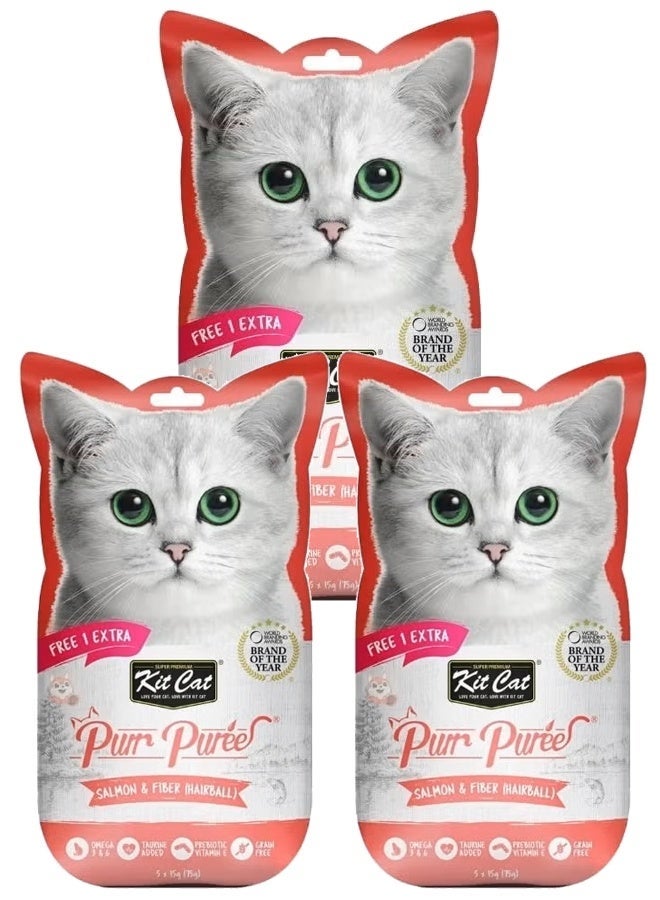 كيت كات بور بيوريه سلمون وألياف (للتخلص من كرات الشعر) - مكافآت سائلة للقطط. 5 × 15 غ (75 غ × 3) - 3 عبوات - Image 1