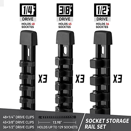 Reniteco Socket Organizer Drive ABS Tools - Black Socket Holder, Premium Quality 9 Pieces Socket Holders Kit 1/4-Inch x 48 Clips, 3/8-Inch x 45 Clips, 1/2-Inch x 36 Clips（9PC,Black - Image 2