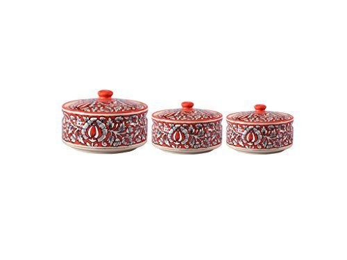 Caffeine Ceramic Handmade red mughal Serving Donga with lid Set of 3 1 large 1 medium 1 small - Image 1