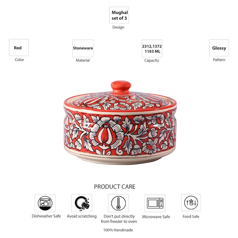 Caffeine Ceramic Handmade red mughal Serving Donga with lid Set of 3 1 large 1 medium 1 small - Image 4