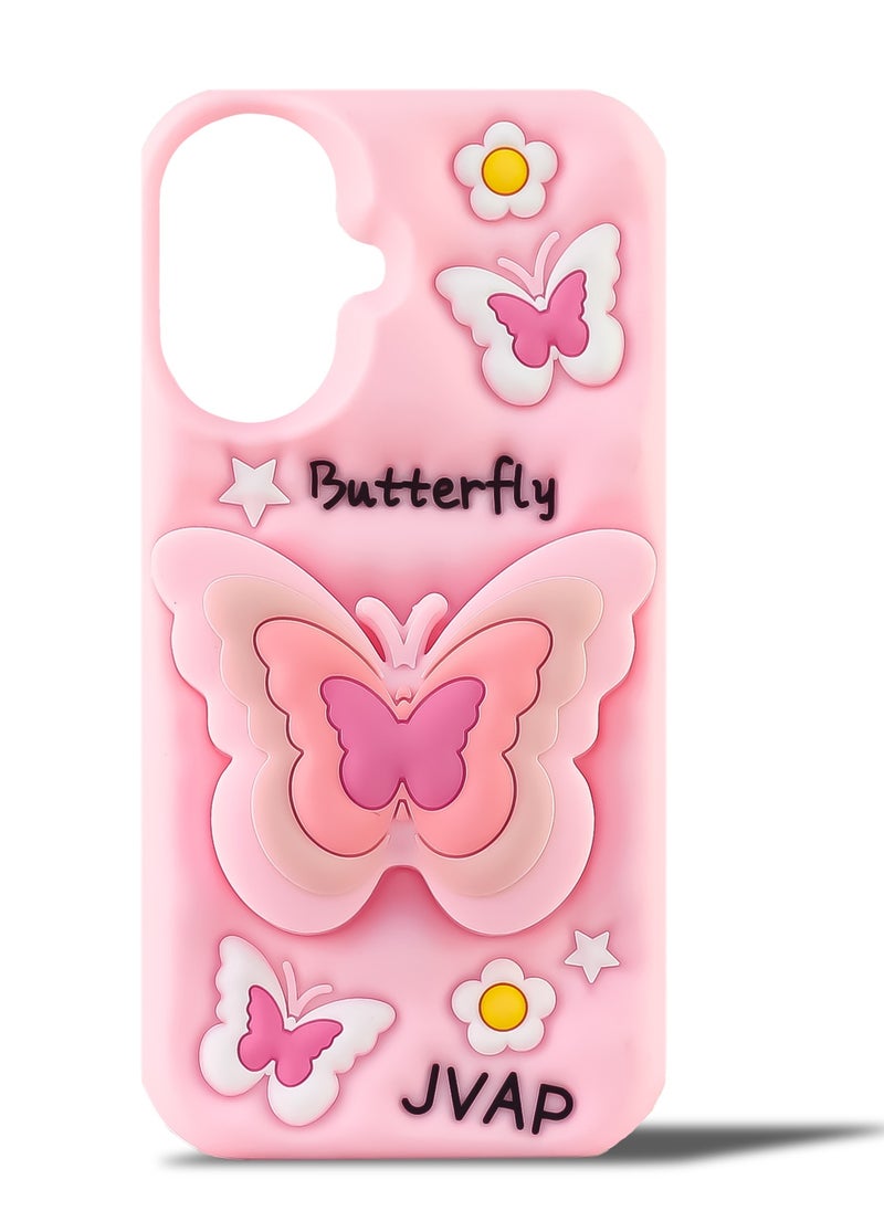Butterfly Phone Case Compatible with iPhone 16 Cute 3D Korea Dopamine Butterfly Case with Butterfly Telescopic Hold Stand Shockproof Silicone Soft Case (Light Pink)