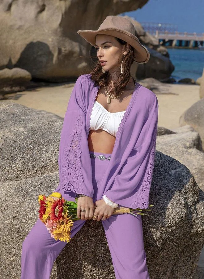 تايك تو Women's Solid Long Sleeve Embroidery Detail Open Front Kimono With Pants Set