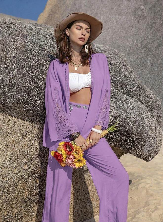 تايك تو Women's Solid Long Sleeve Embroidery Detail Open Front Kimono With Pants Set