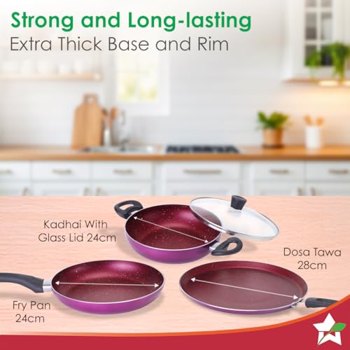 Wonderchef Bandhan Non-Stick Cookware 4 Pc. Set | Fry Pan, Dosa Tawa, Kadhai with Glass Lid | Healthy, Low Oil Meals | Scratch-Resistant | Gas & Induction Compatible | Easy to Clean - Image 3