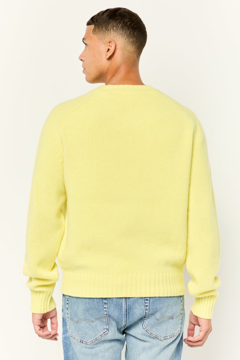 ESPRIT Men Ribbed Collar Embroidered Logo Sweaters, Acid Yellow - Image 3