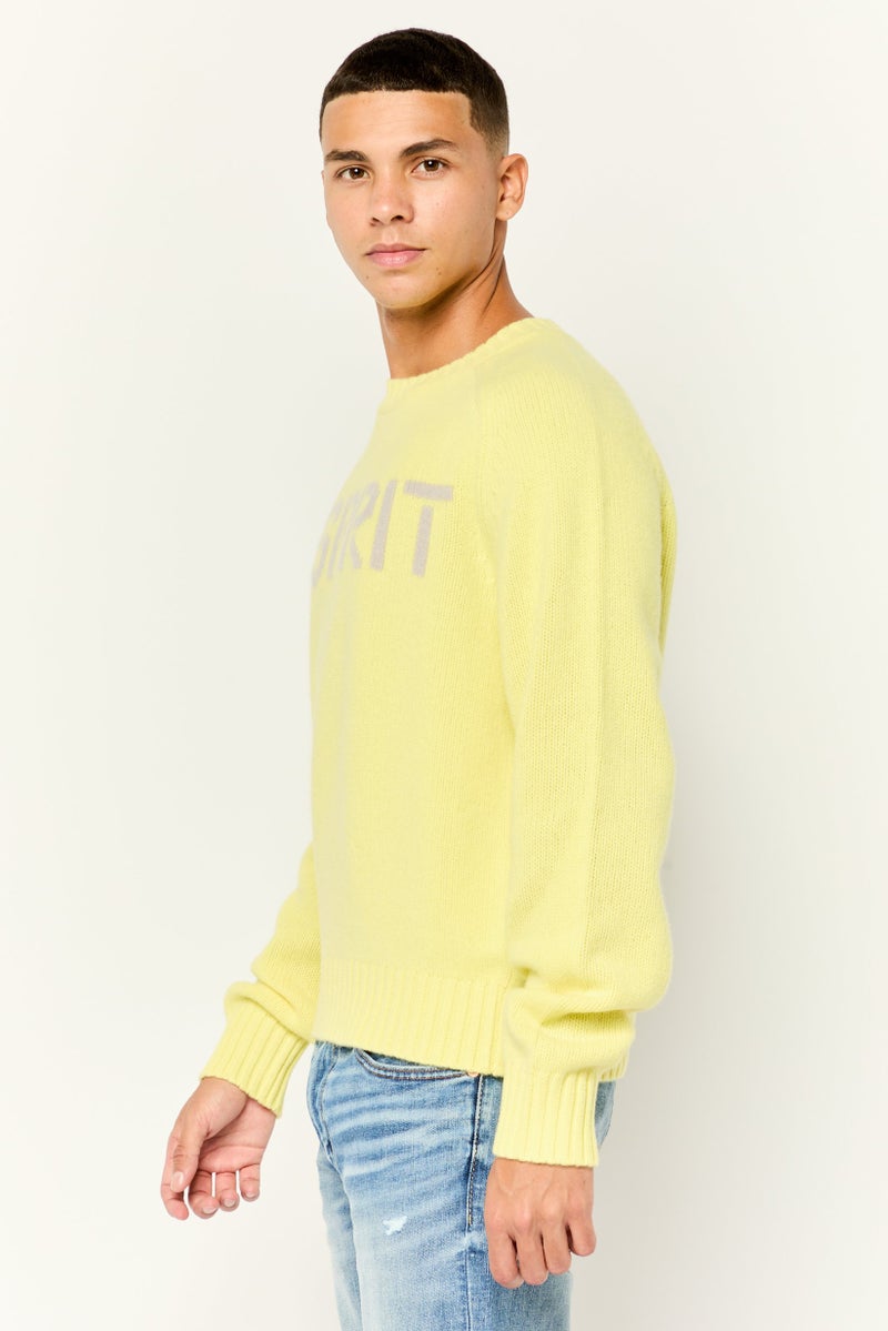 ESPRIT Men Ribbed Collar Embroidered Logo Sweaters, Acid Yellow - Image 4