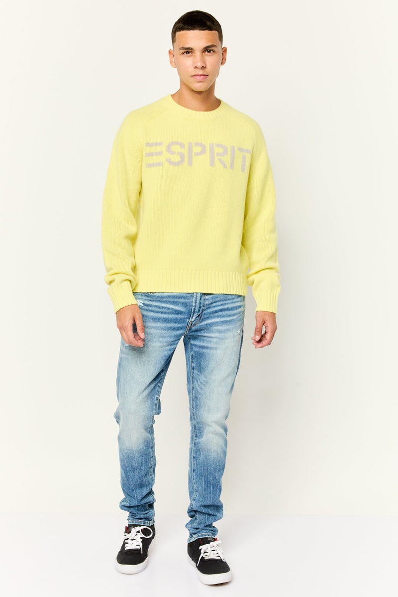 ESPRIT Men Ribbed Collar Embroidered Logo Sweaters, Acid Yellow - Image 2