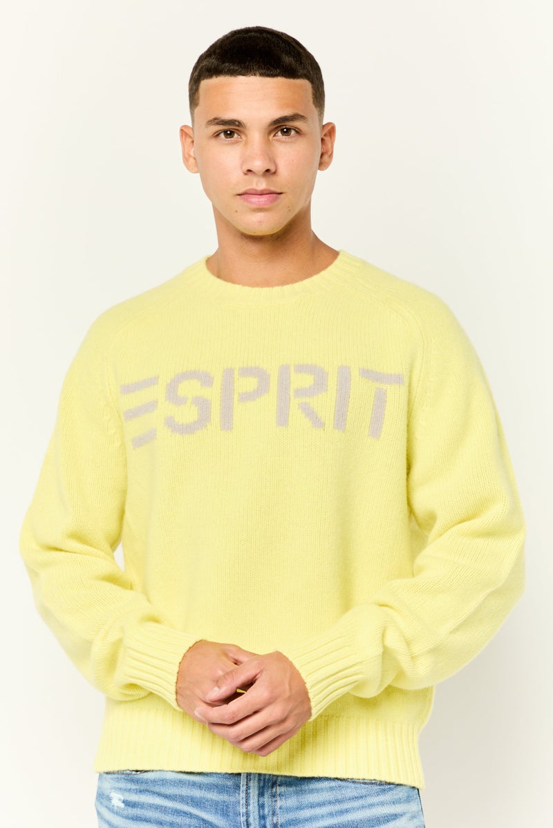 ESPRIT Men Ribbed Collar Embroidered Logo Sweaters, Acid Yellow - Image 1