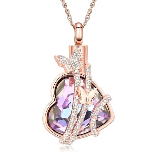 shajwo Butterfly Heart Urn Necklaces Cremation Jewelry for Ashes for Women Men Memorial Human Ashes Pendant,Rose Gold-Purple - Image 1
