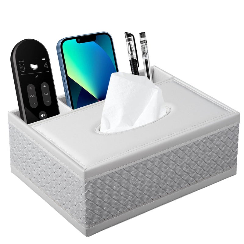 Multifunction PU Leather Tissue Box Holder with Stationery Remote Control Box Decorative Tissue Pen Pencil Remote Organizer for Home and Office UseWhite