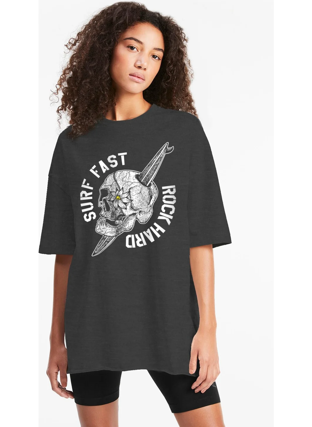 روك اند رول Surf Skull Oversize Anthracite Short Sleeve Women's T-Shirt