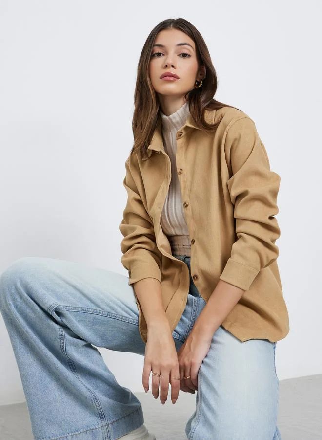 Styli Styli Tan Oversized Corduroy Shirt