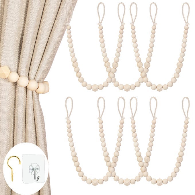Wood Bead Curtain Tiebacks Set of 6 Curtain Holdbacks for Thin or Thick Window Draperies Boho Farmhouse Curtain Tiebacks with Hooks Curtain Tie Backs for Home Office Room Decor