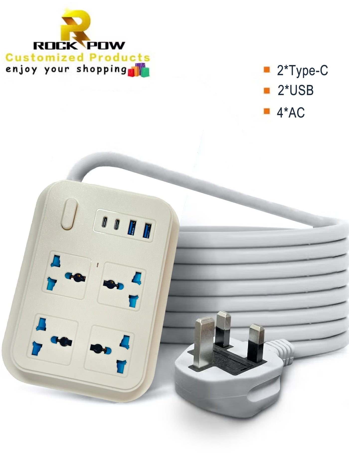 Universal Extension Lead with Multiple Function UK Plug 3 Pin Socket Outlet with 4 Gang 2 USB Port 2 Type-C Port Electric Socket Mains Strip for Home Kitchen and Office